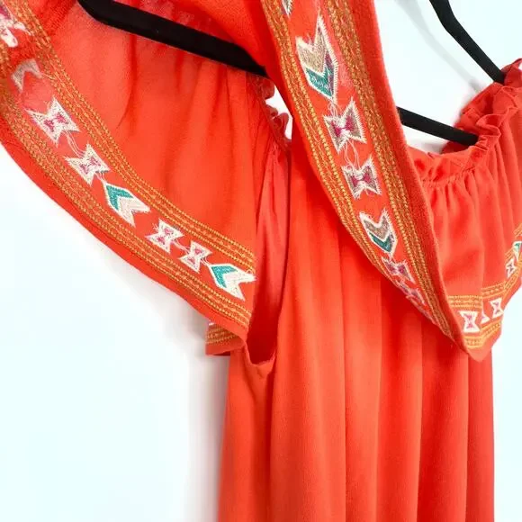THML Orange Embroidered Off Shoulder Ruffle Mini Dress Aztec Festival Beach M - Picture 6 of 13